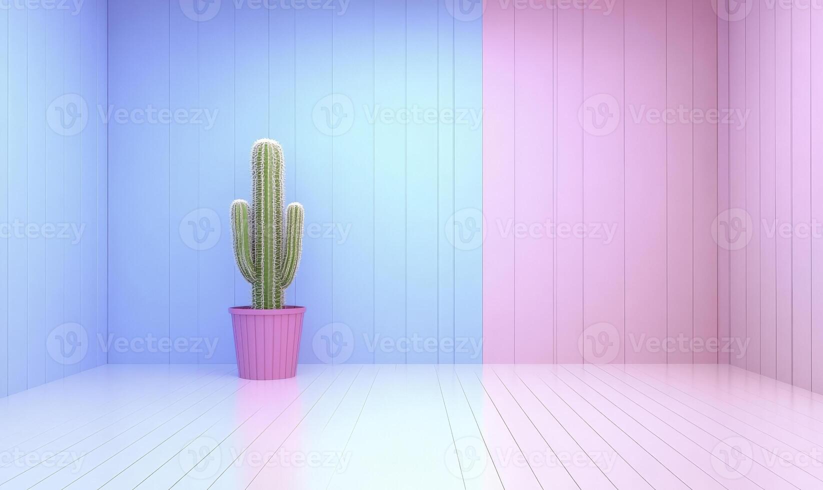 Colorful Interior with Cactus in Pot on Wooden Floor, Vibrant Blue and Pink Walls, Modern Aesthetic, Trendy Home Decor, Minimalist Design Scene photo