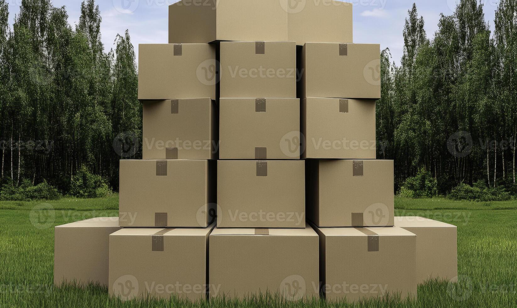 Stacked Cardboard Shipping Boxes on Green Grass in Front of Lush Trees Under Clear Blue Sky for Packing and Delivery Concepts photo