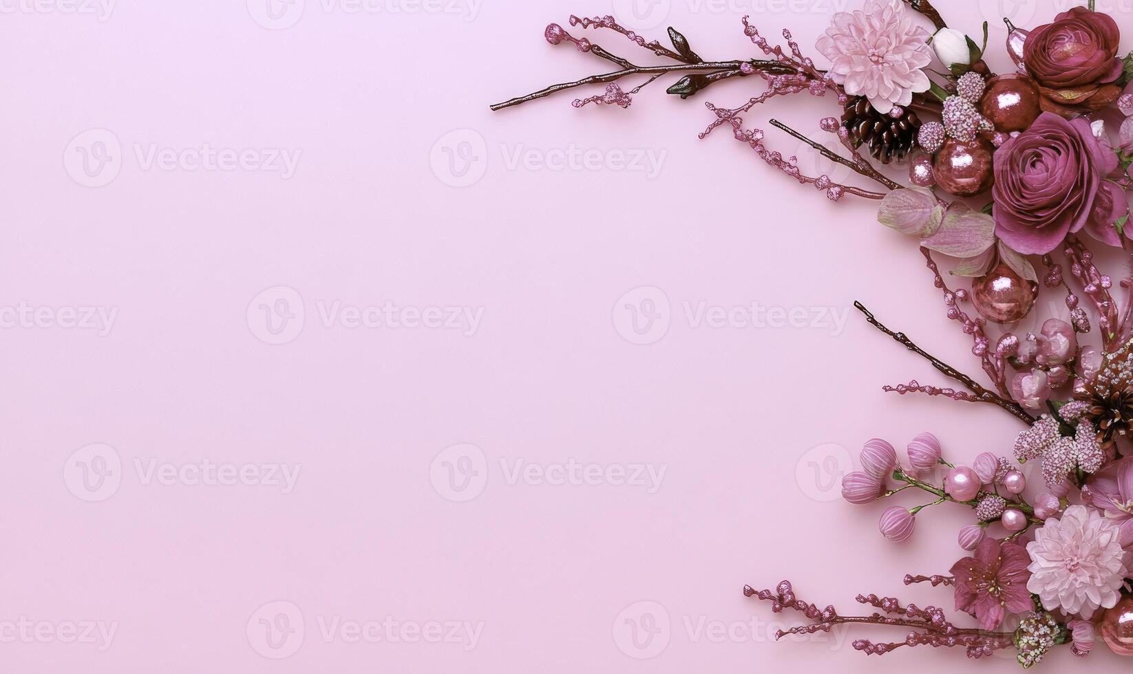 Beautiful Floral Arrangement with Pink Flowers and Branches on Soft Pink Background for Elegant Designs and Romantic Themes photo