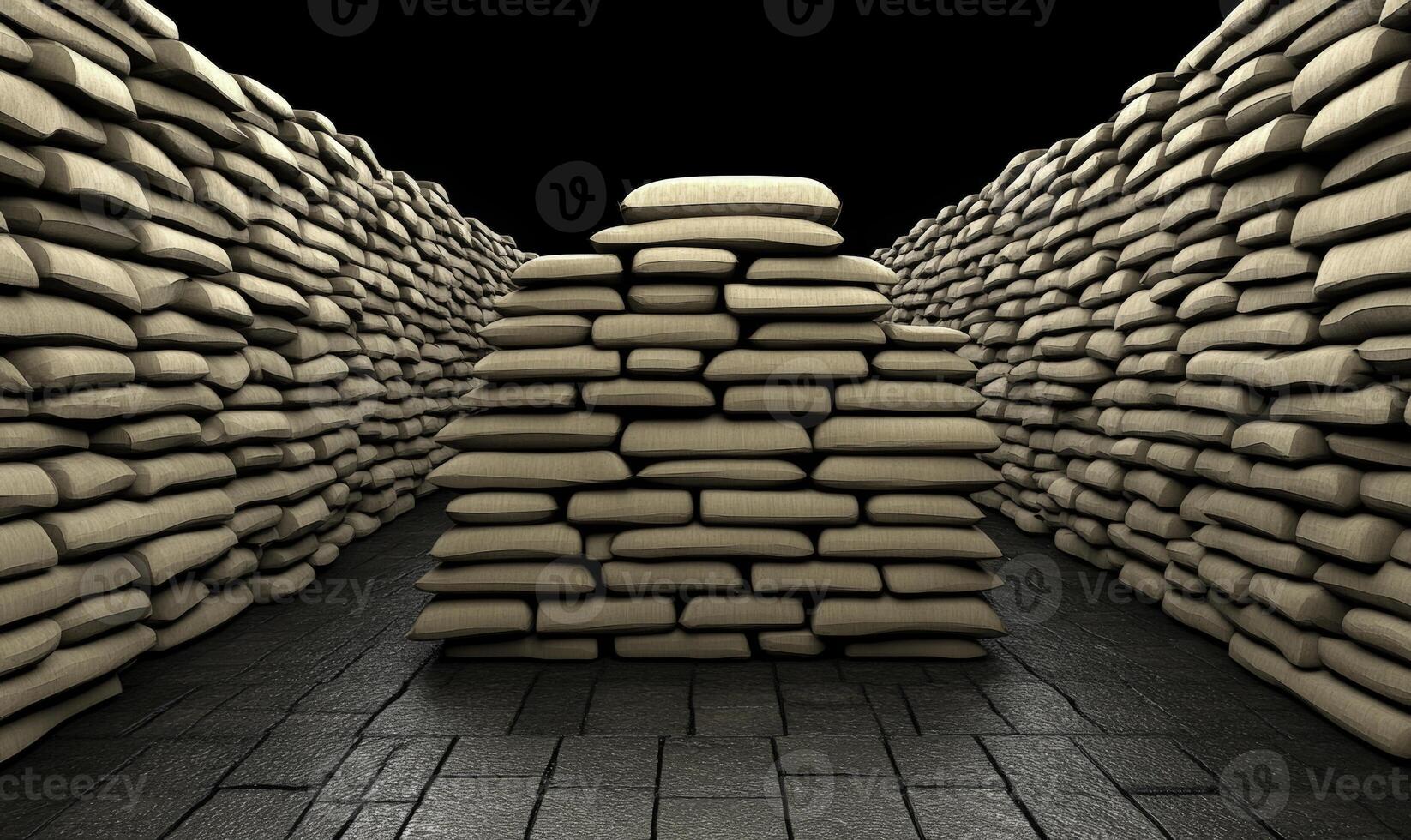 Stacked bags create a pyramid shape in narrow corridor with dark background and textured floor designed for warehouse or storage imagery photo