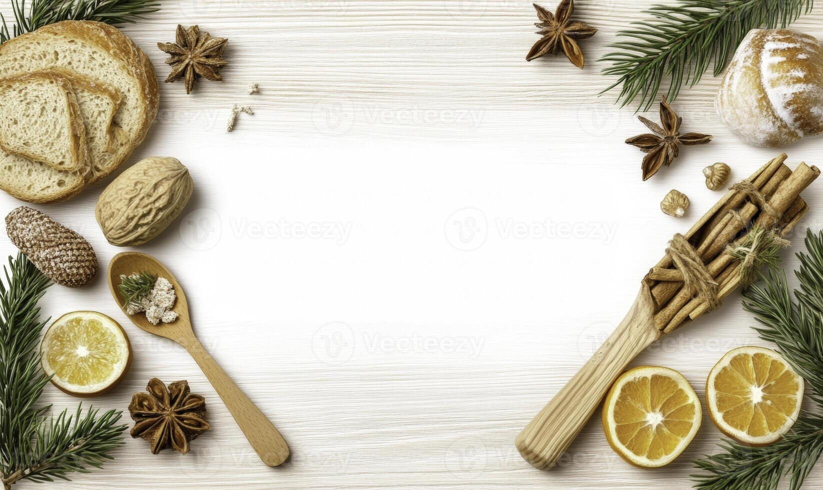 Seasonal Holiday Baking Background with Spices, Nuts, Dried Fruits, and Decorative Elements for Festive Culinary Creations and Recipes photo