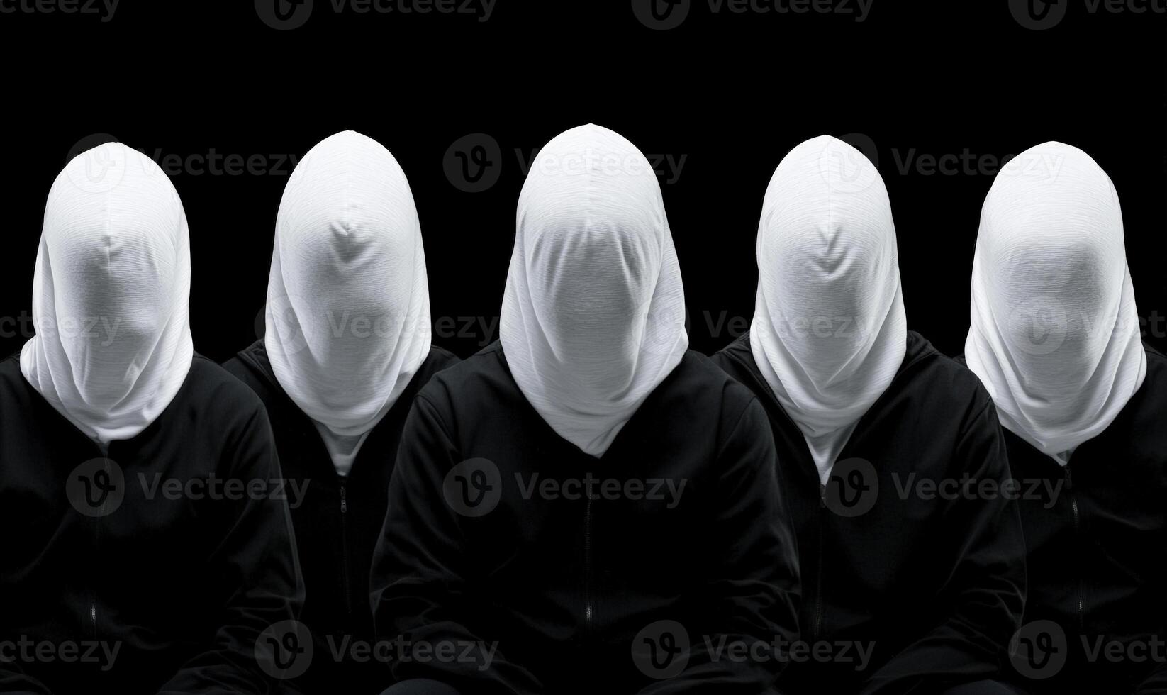 Group of Hooded Figures with Blank White Masks in Black Background, Symbolizing Mystery, Anonymity, Fear, and Identity Loss in Art and Photography photo