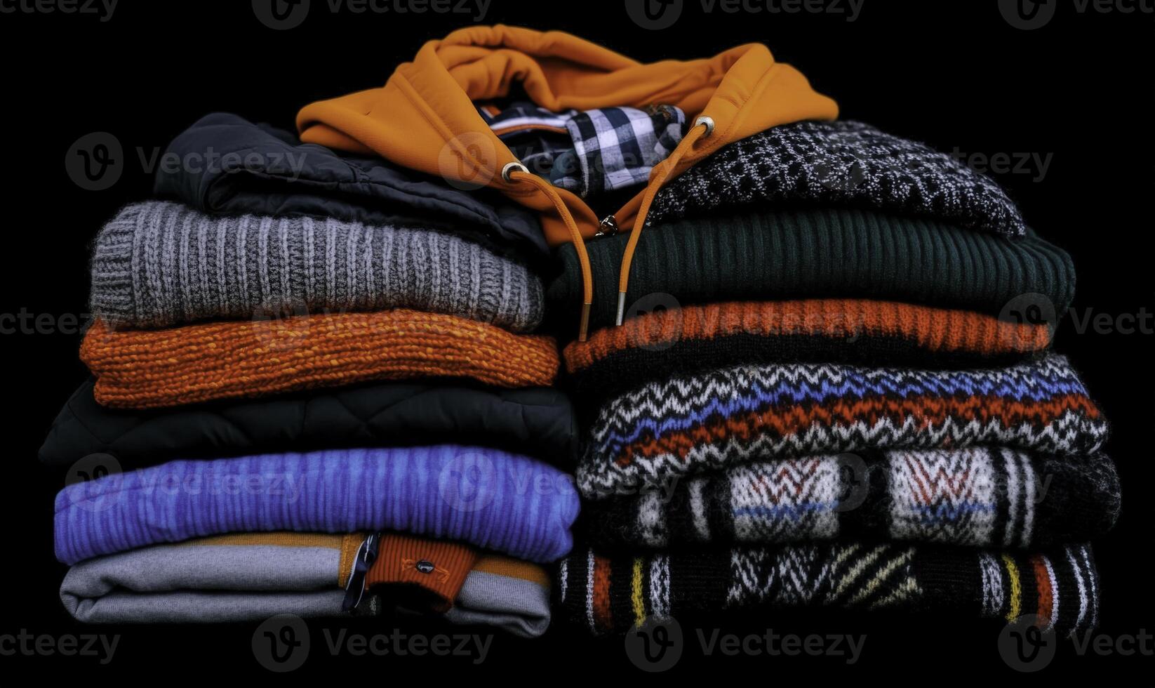 Stack of Colorful Winter Sweaters and Hoodies on Black Background for Fashion and Seasonal Apparel Inspiration photo