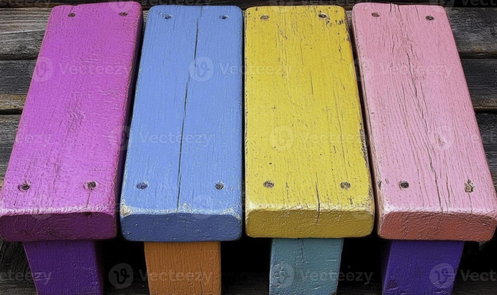 Colorful wooden blocks arranged in a row on a rustic wooden background, showcasing vibrant shades and textures for creative projects or design purposes. photo