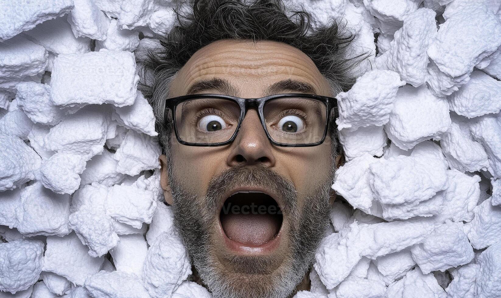 Surprised man surrounded by packing peanuts with wide eyes and open mouth exclaiming in amazement at unexpected situation shown with humor photo