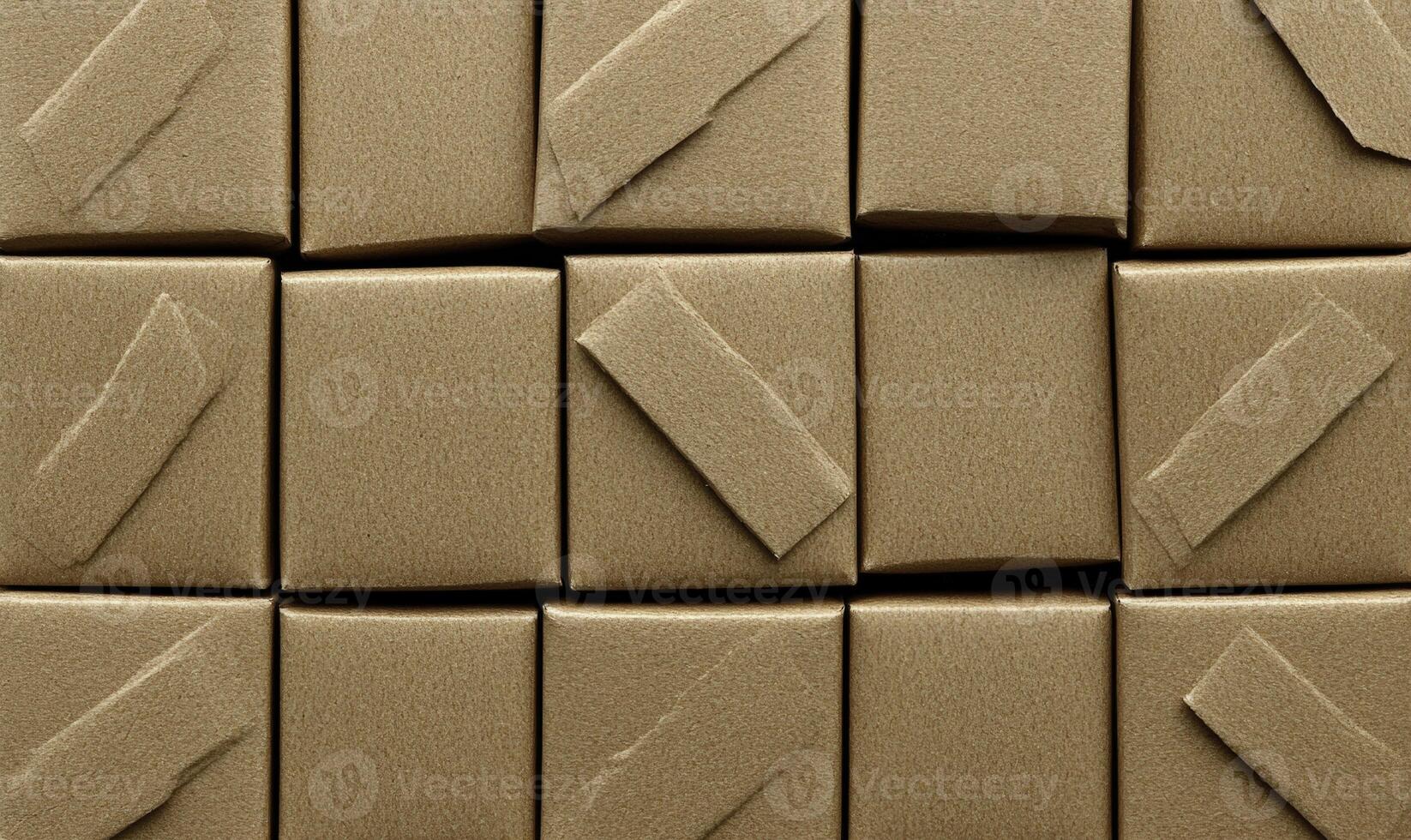 Brown cardboard boxes with tape arranged in a neat grid pattern, showcasing packaging, delivery, storage solutions, and shipping process in a modern warehouse setting photo