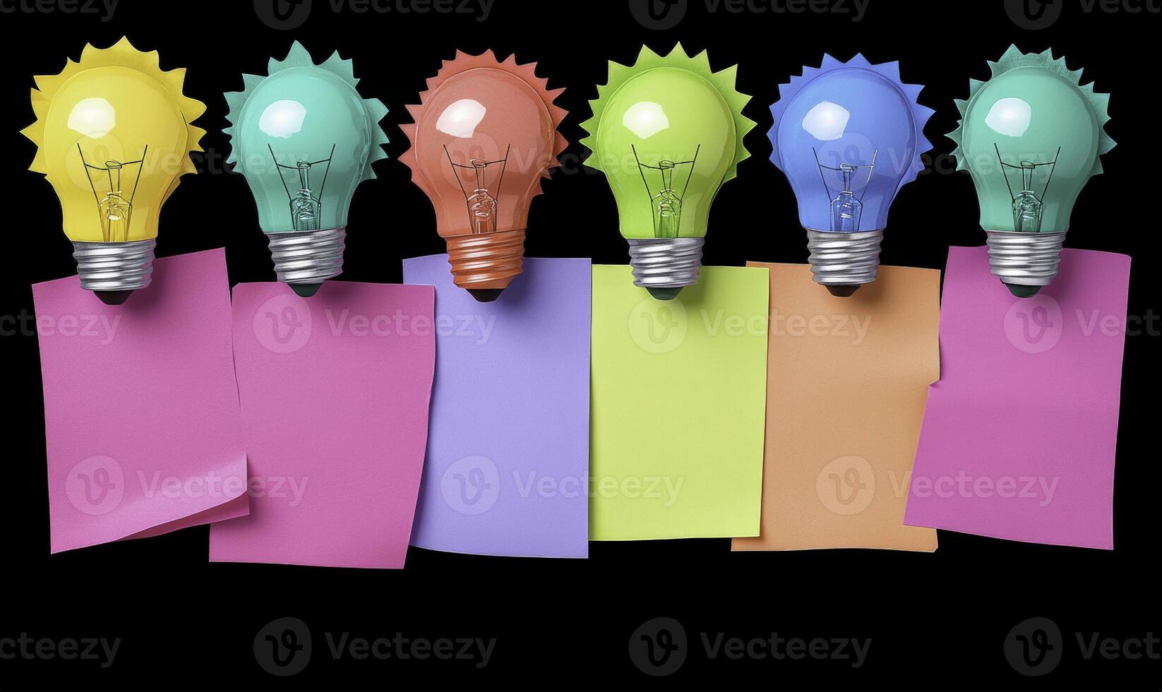 Colorful Light Bulbs with Sticky Notes on Black Background for Creative Ideas and Brainstorming Concepts in Office or Home Environment photo