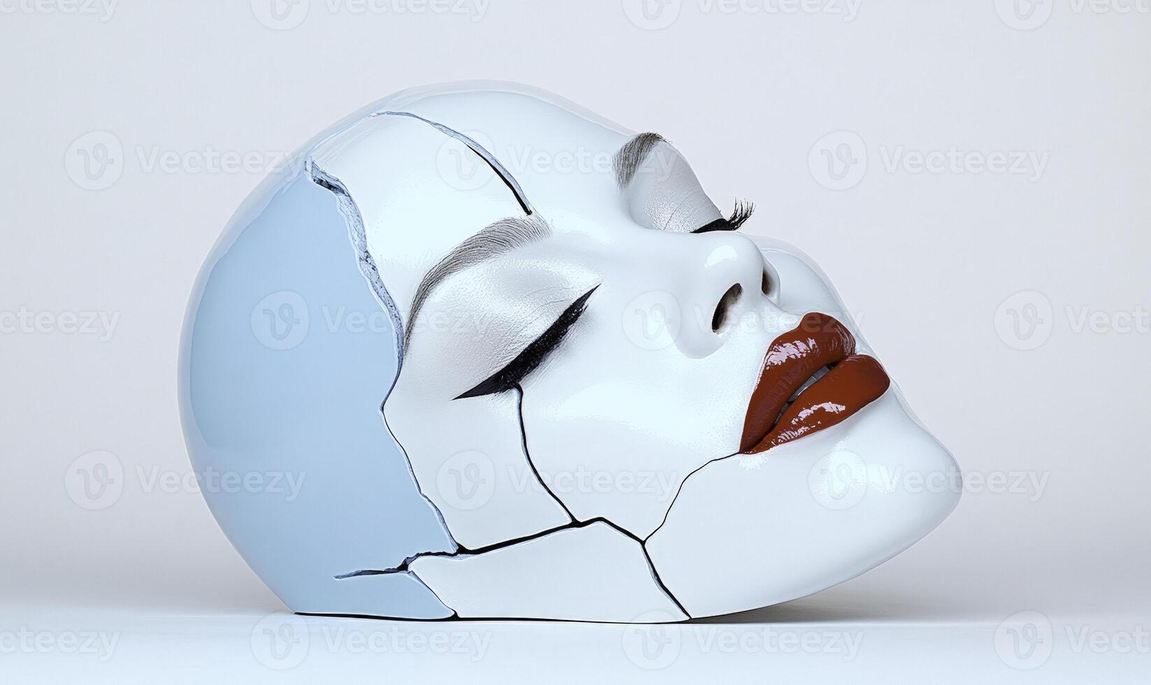 Artistic Representation of a Fractured Face with Blue and White Elements, Showcasing Uniqueness and Beauty in Abstract Sculpture Form photo