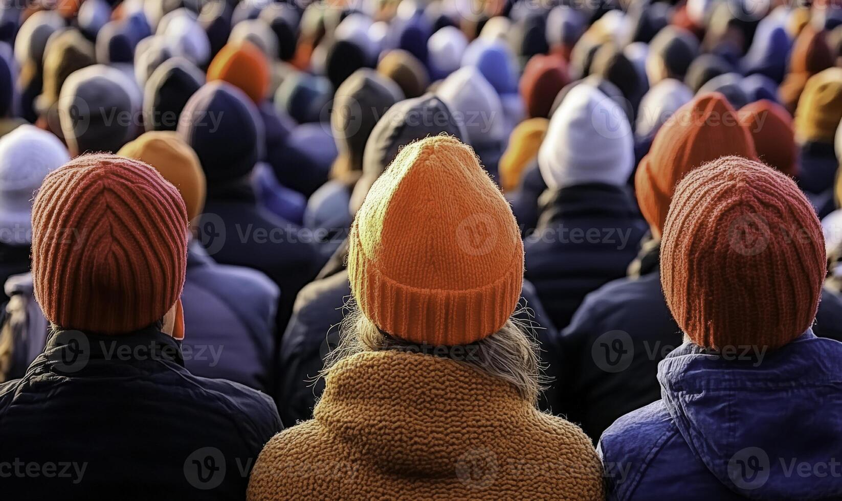 Diverse Crowd of People Wearing Colorful Hats and Beanies at Outdoor Event in City, Capturing the Essence of Community and Togetherness in Winter Season photo