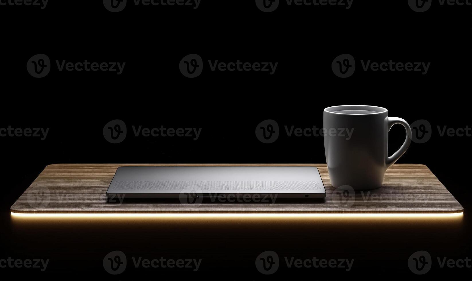 Modern workspace with laptop and coffee cup on wooden desk illuminated by soft light creating a serene and productive atmosphere for professionals photo
