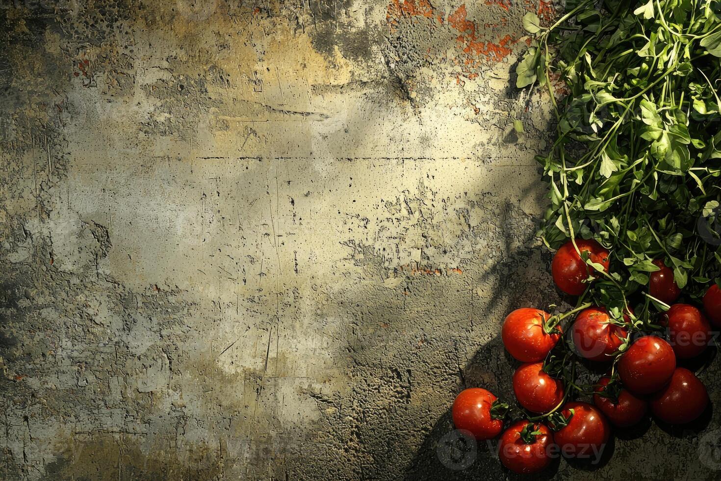 Red Tomatoes and Green Leafy Vegetables on Rustic Background photo