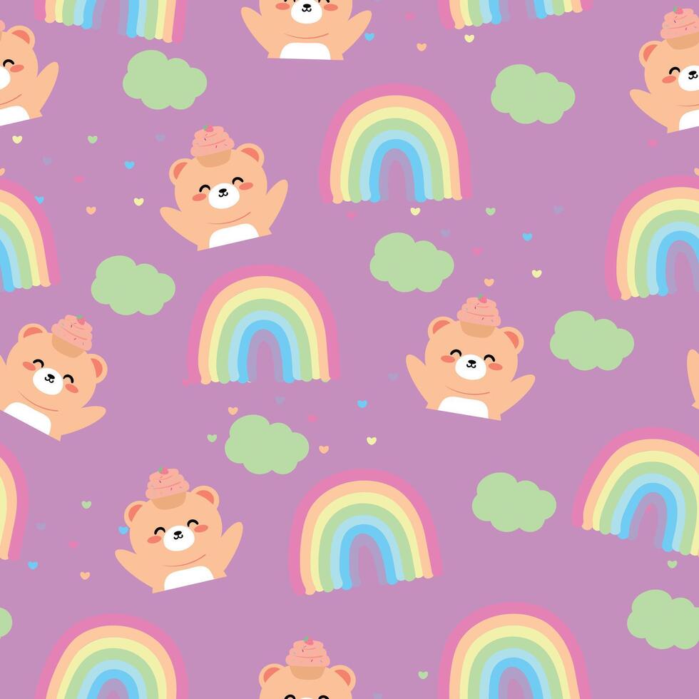 Seamless pattern with cute cartoon bear and rainbows, for fabric prints, textiles, gift wrapping paper. children's flat and colorful style vector