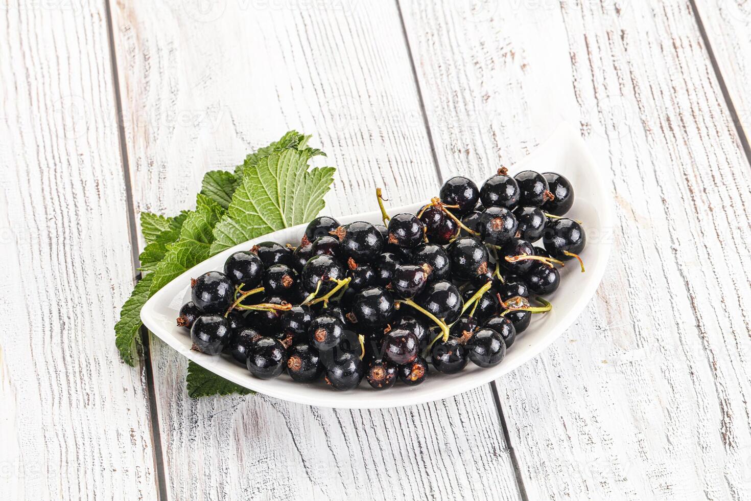 A bowl of black currants on a white table photo