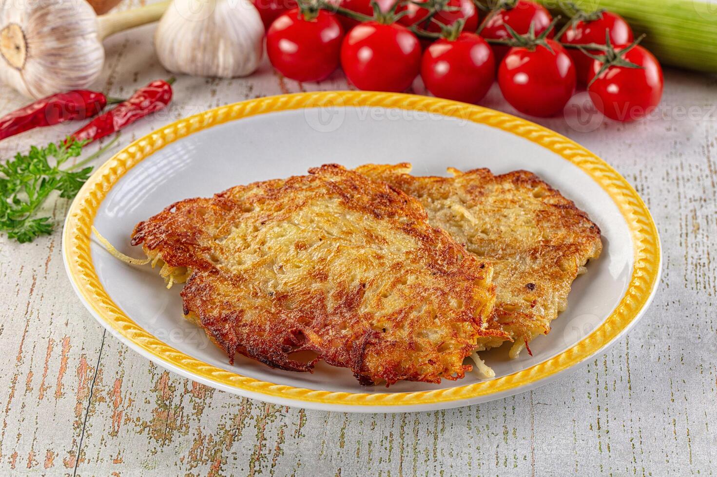 Two pieces of fried potato on a white plate photo
