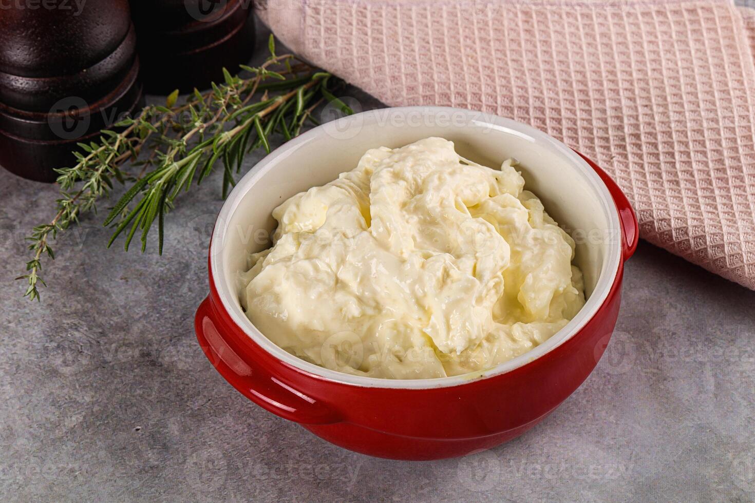 A red bowl filled with mashed potatoes next to a wooden spoon photo