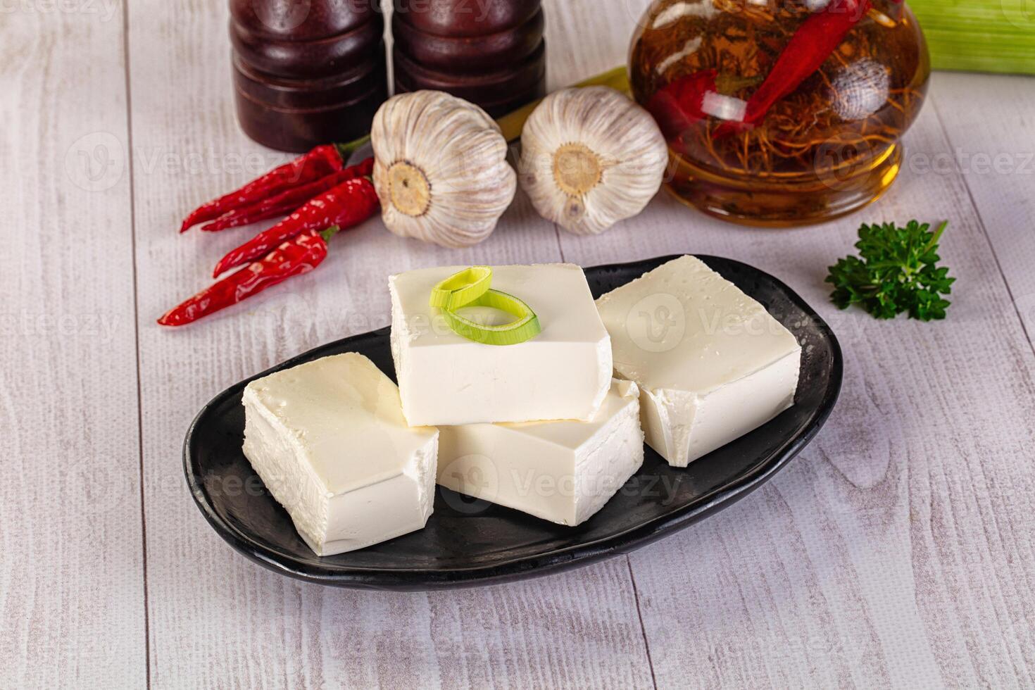 A plate of tofu with a green onion on it photo