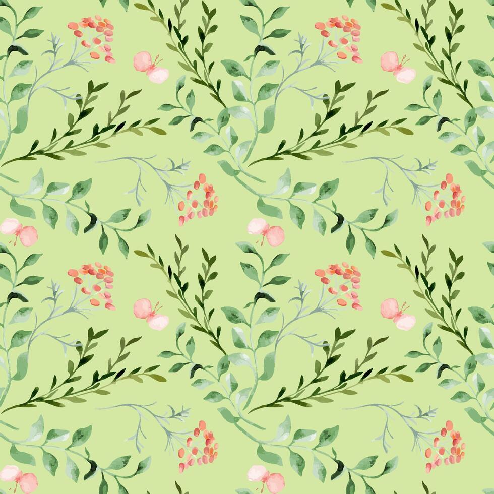 Simple floral pattern green pink color. Watercolor abstract flowers and leaves on seamless background hand drawn isolated. Gentle butterflies and plants elements for design home textile, wallpaper vector