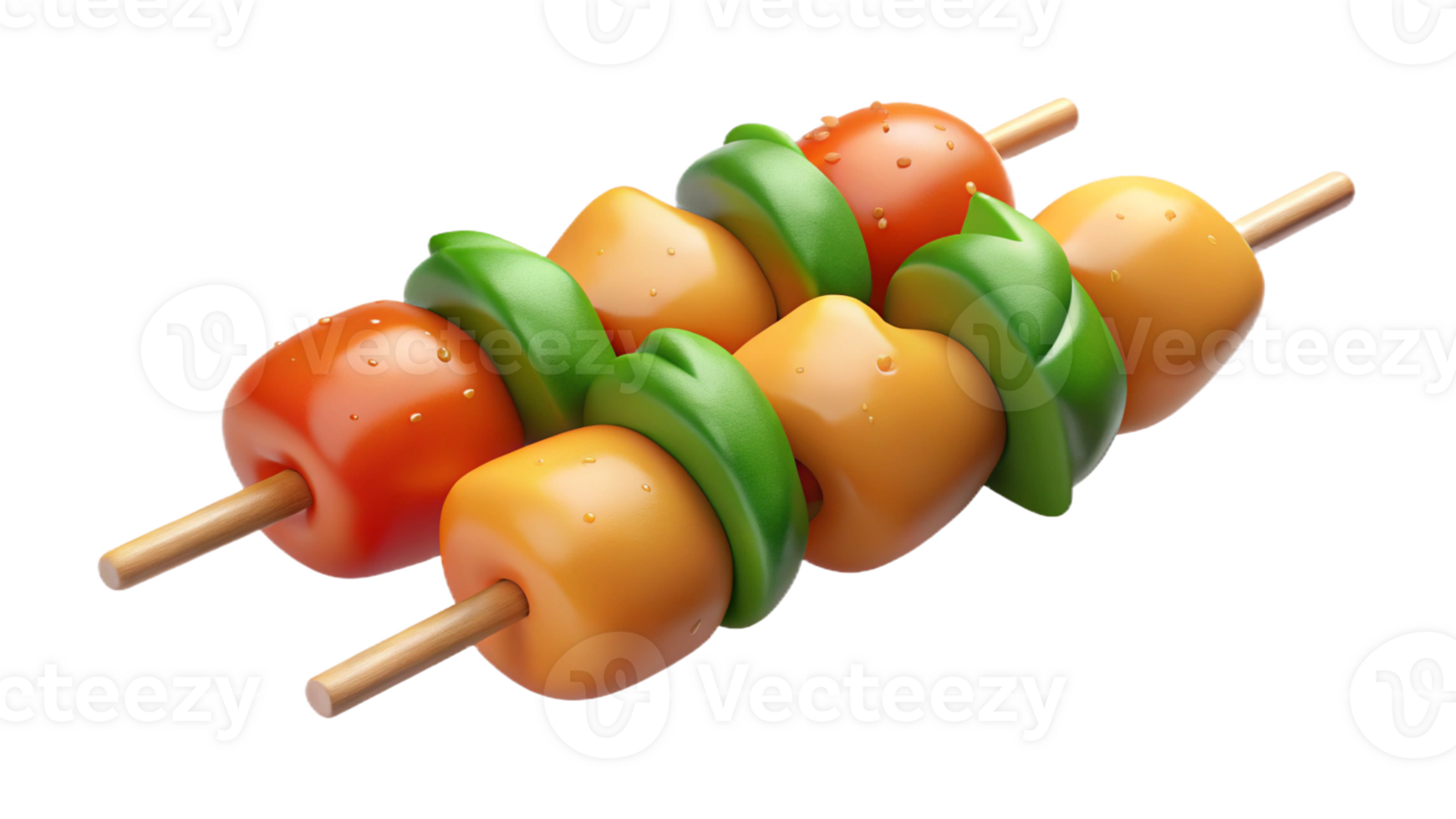 Side view of chicken skewers with mixed bell peppers, isolated on transparent background png