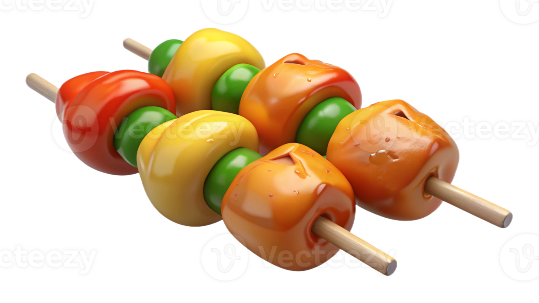 Chicken skewers with bell peppers and lemon slices, isolated on transparent background png