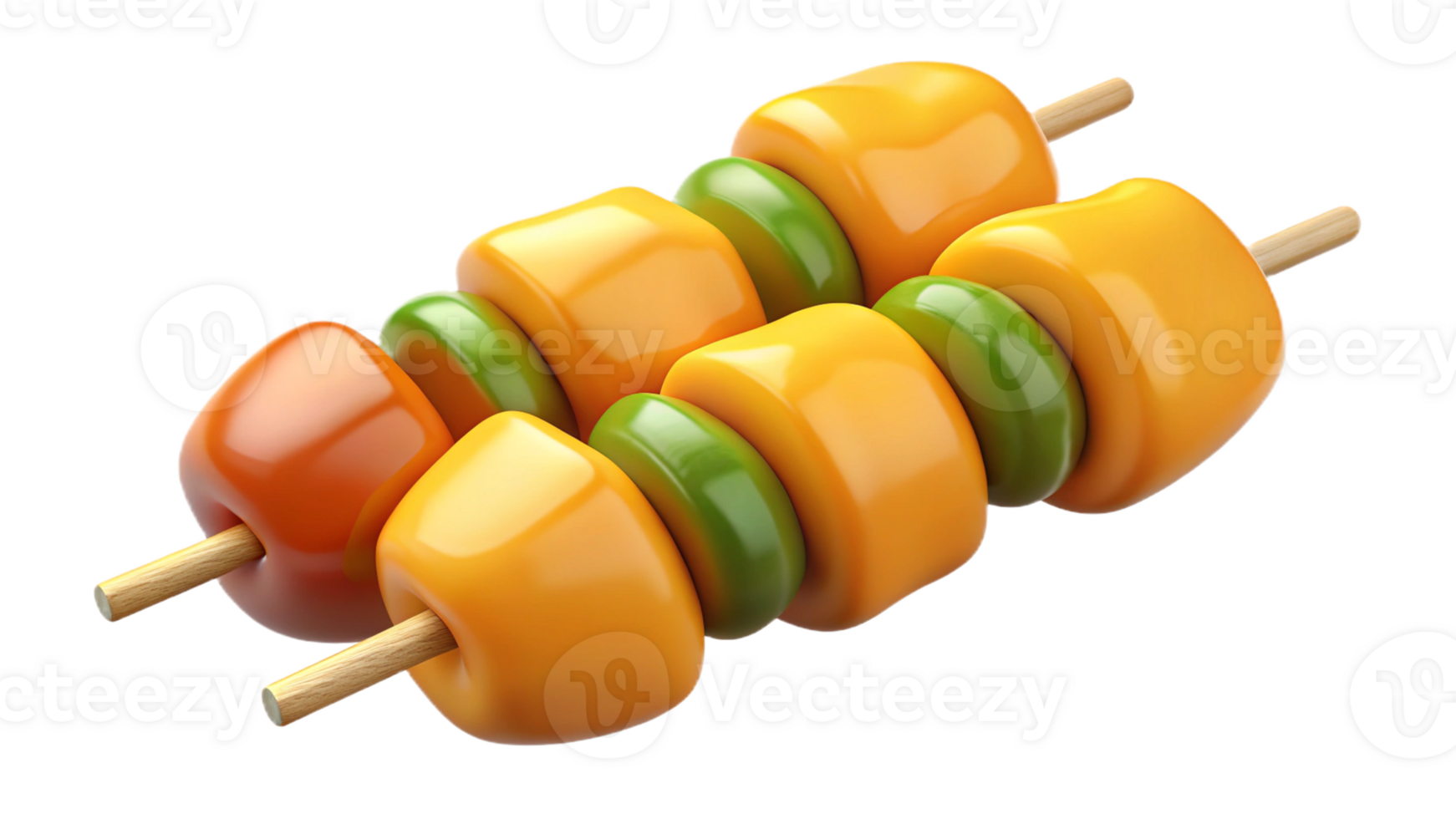 Top view of chicken skewers with yellow and orange bell peppers, isolated on transparent background. png