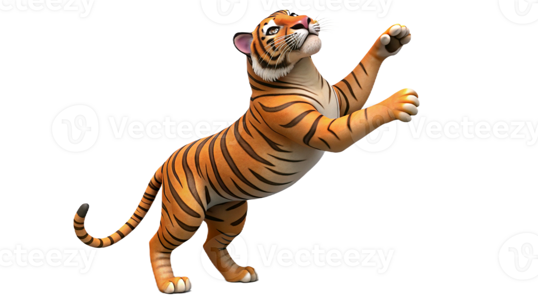 A tiger standing on its hind legs, reaching up with its front paws, isolated on a transparent background png