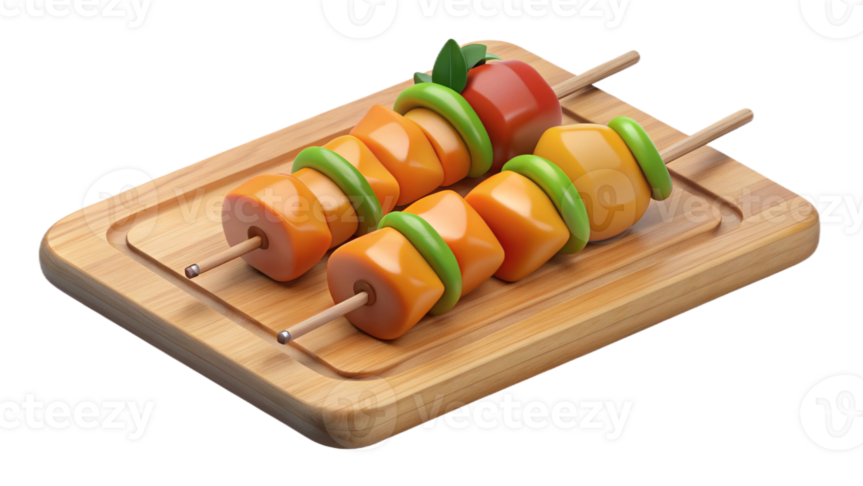 Chicken skewers with bell peppers on a wooden board, isolated on transparent background png