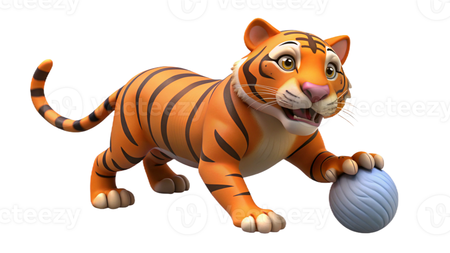 A tiger playing with a ball, swatting it with its paw, isolated on a transparent background. png