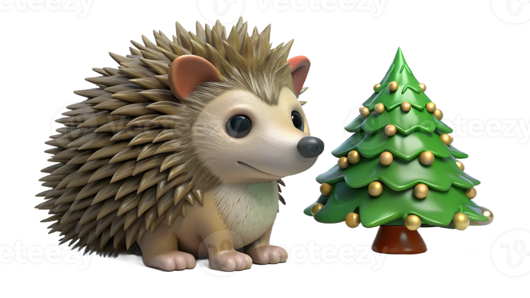 Hedgehog standing next to a tiny Christmas tree, isolated on transparent background png