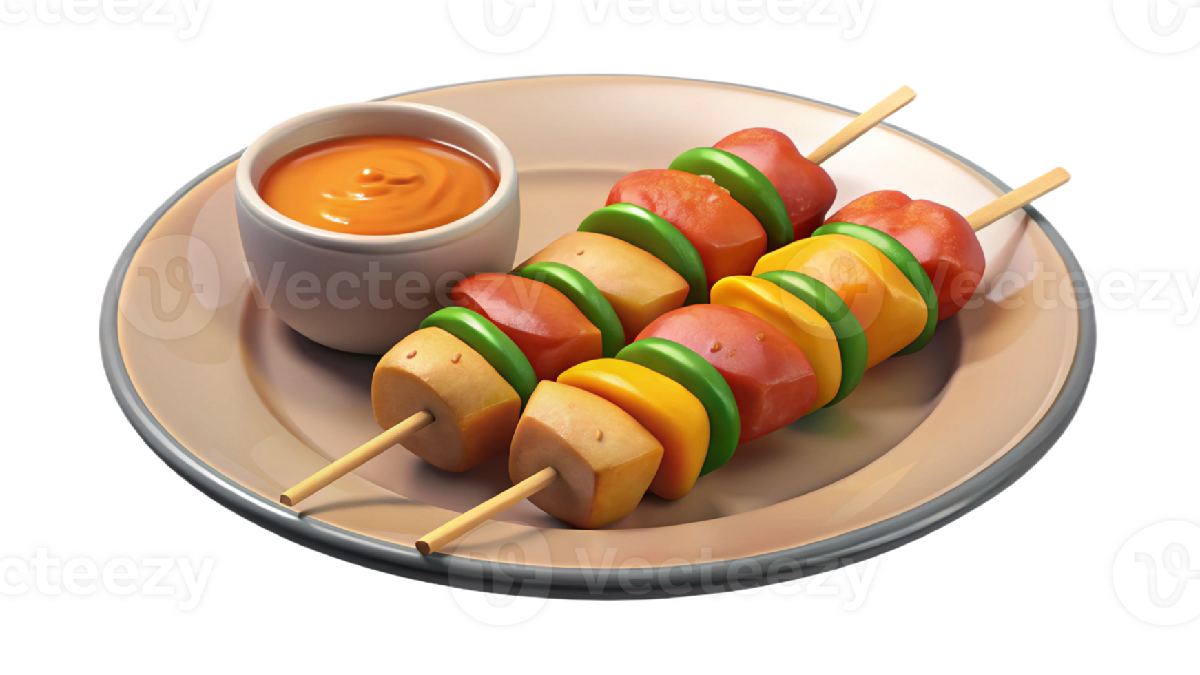 Chicken skewers with bell peppers and a side of dipping sauce, isolated on transparent background. png