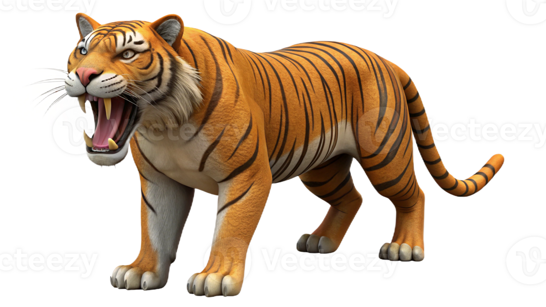 A tiger roaring with its mouth wide open, showing its teeth, isolated on a transparent background png