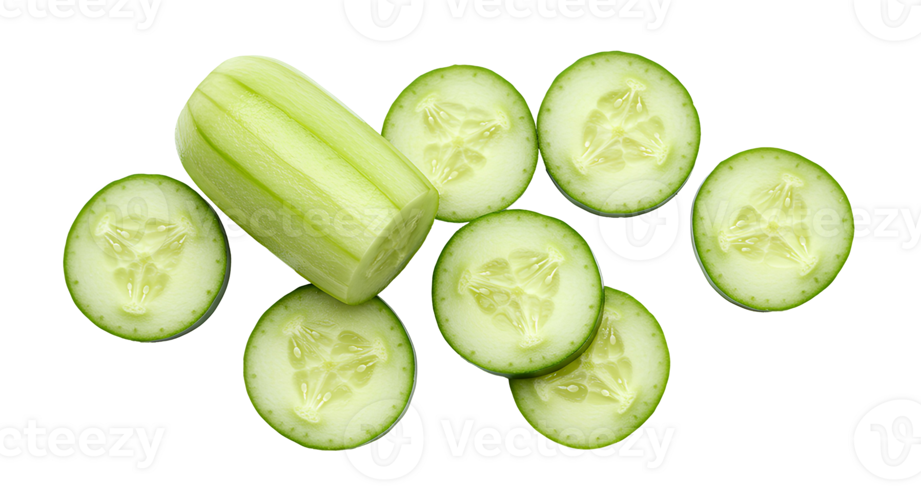 Whole cucumber and cucumber slices top view flat lay isolated on transparent background for healthy food and skincare concepts png