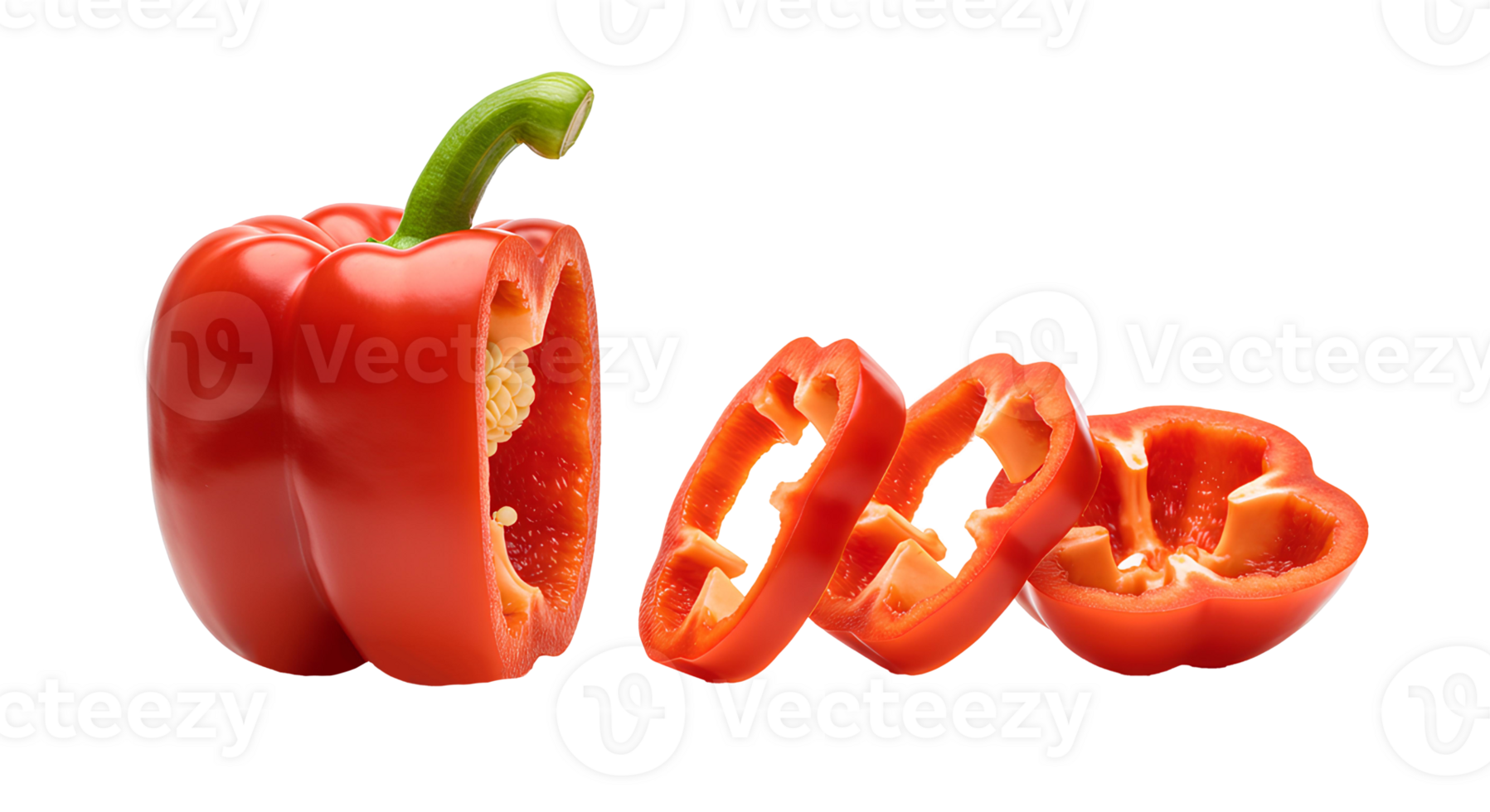 Top view of juicy red bell pepper slices flat lay isolated for organic cooking and plant-based meal visuals png