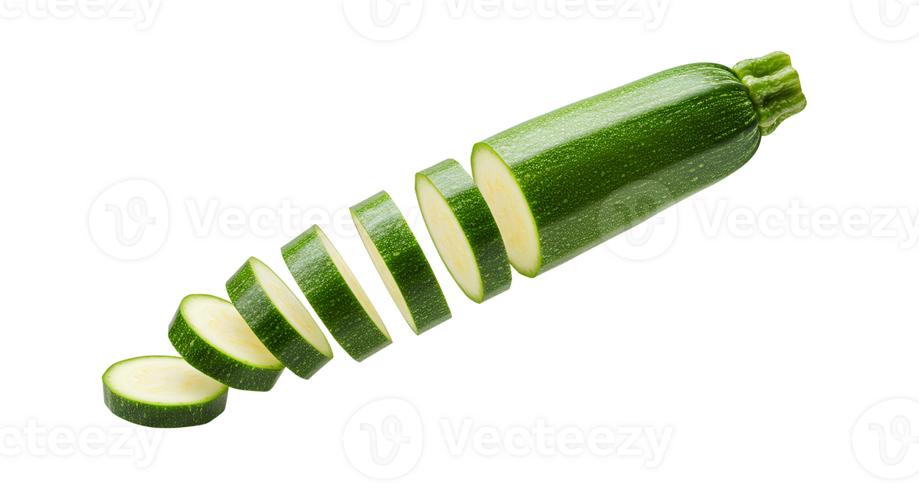 Zucchini slices flying in mid air isolated on transparent background for dynamic cooking and healthy food visuals png