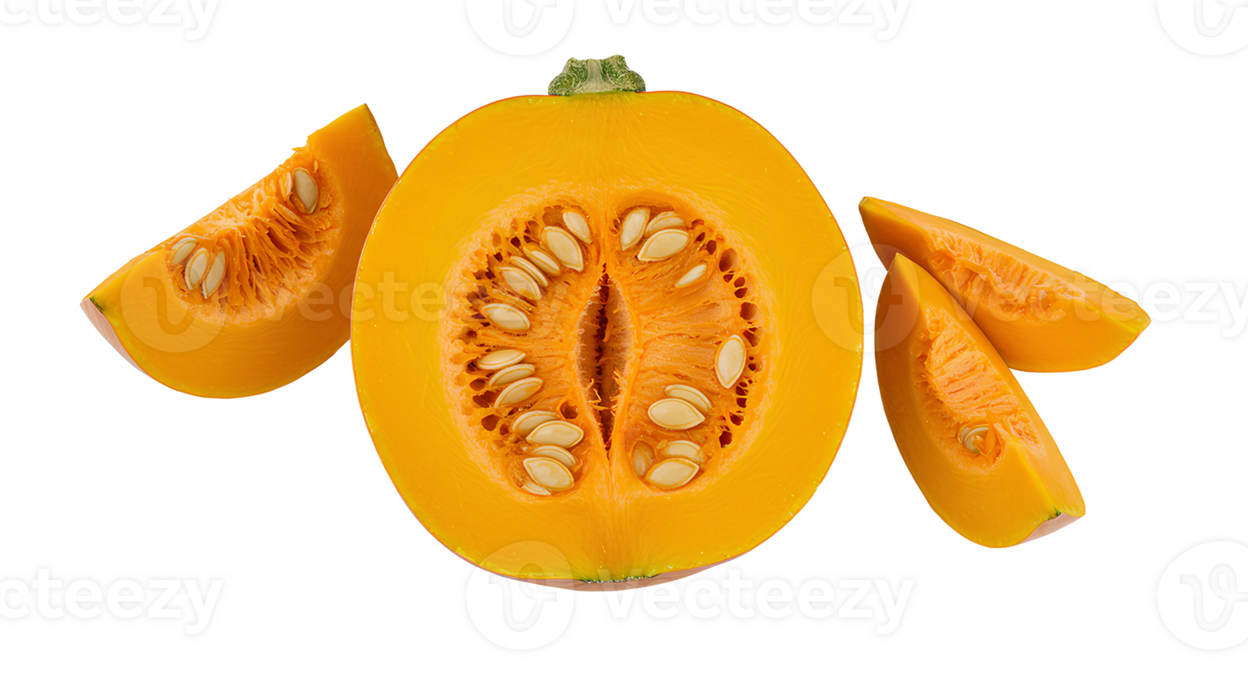 Whole and sliced squash vegetable with orange skin and seeds isolated on transparent background for healthy vegan recipes png