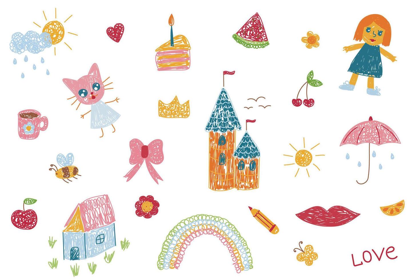 Hand drawn colorful set of simple decorative doodle elements. Various icons such as hearts, stars, speech bubbles, bows, dolls isolated on white background. vector