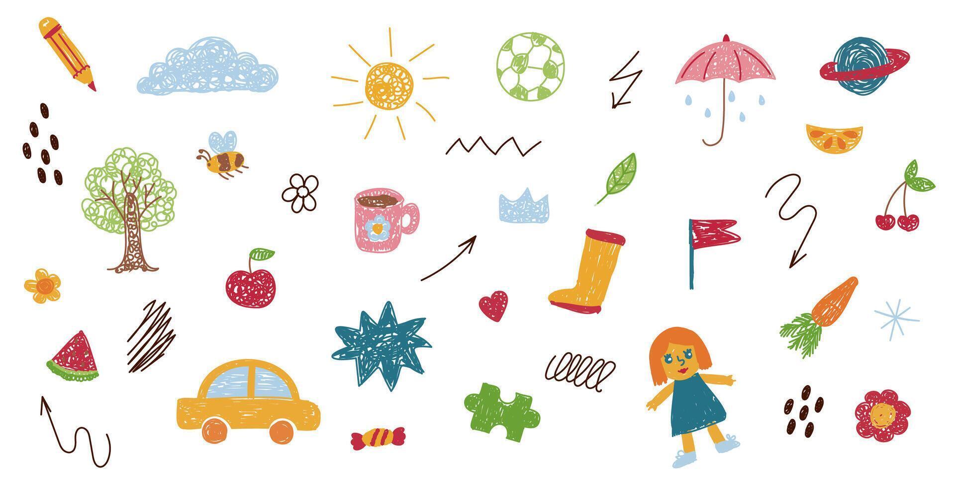 Set of children's drawings. Cute kid flower, cloud, summer illustration. Hand drawn doodle sketch children cute school background. Kids doodle crayon style line. illustration vector