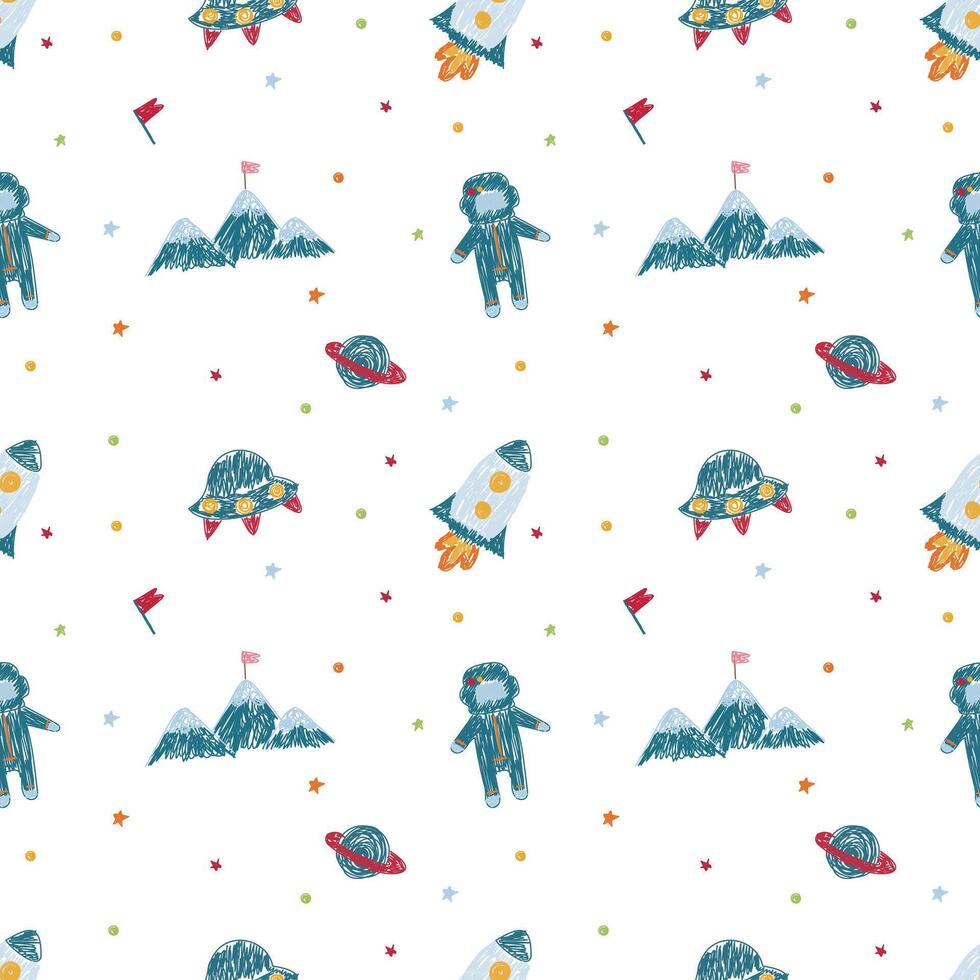 Space background for kids. seamless pattern with cartoon rockets, planets, stars, comets and UFOs vector