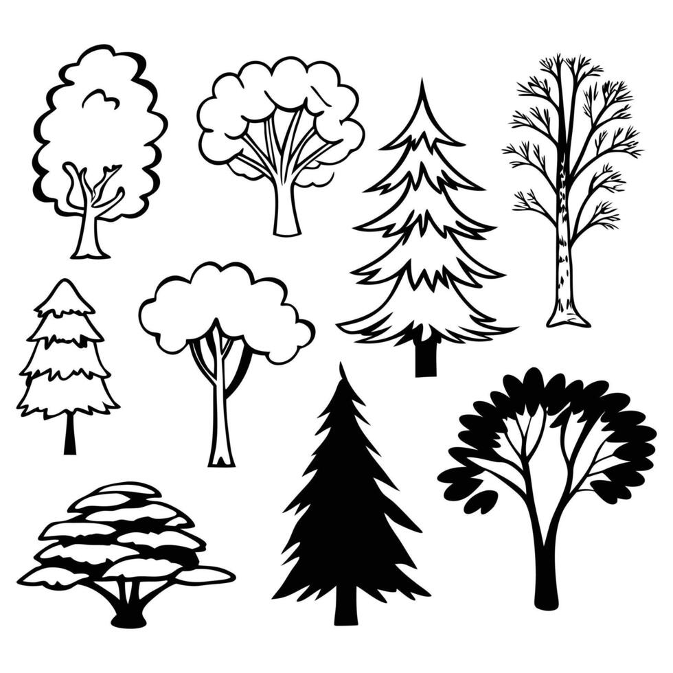 Tree line art silhouette black and white vector