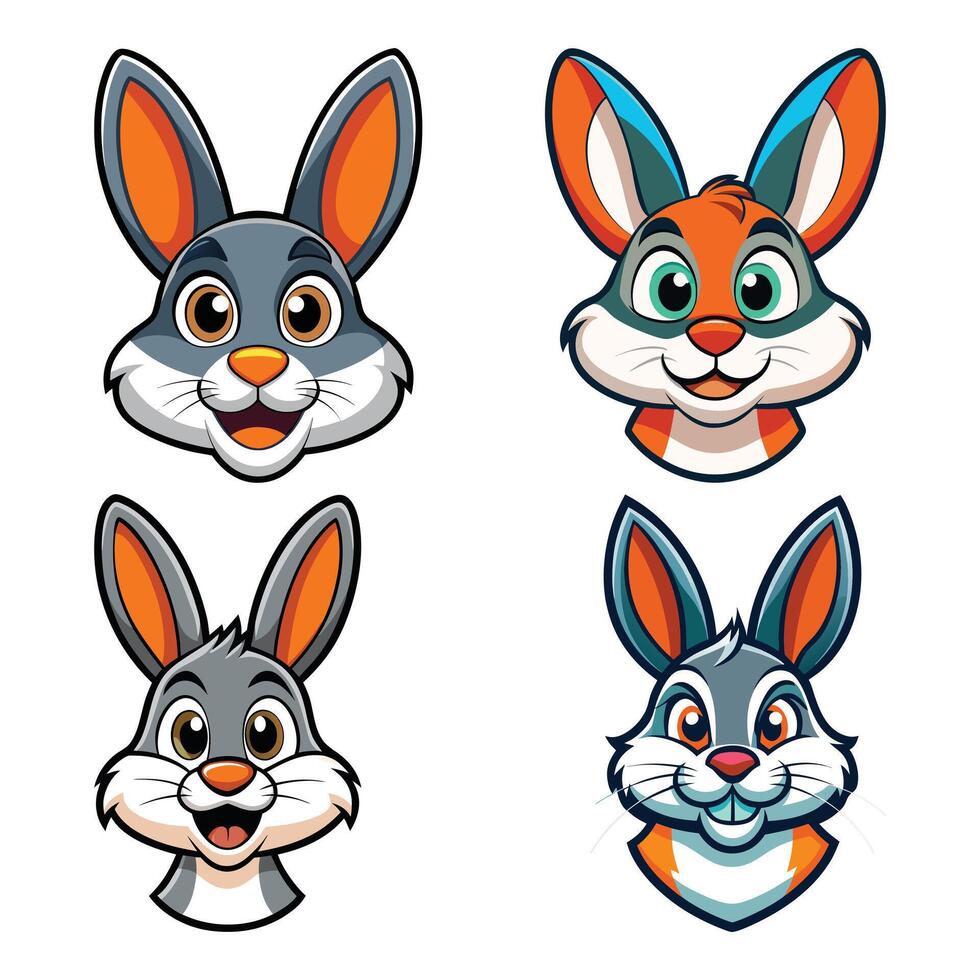 four cartoon rabbit heads with different expressions vector