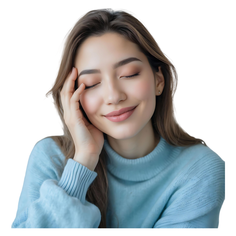 Happy Asian Woman Touching Face Ideal for Wellness Spa Promotions png