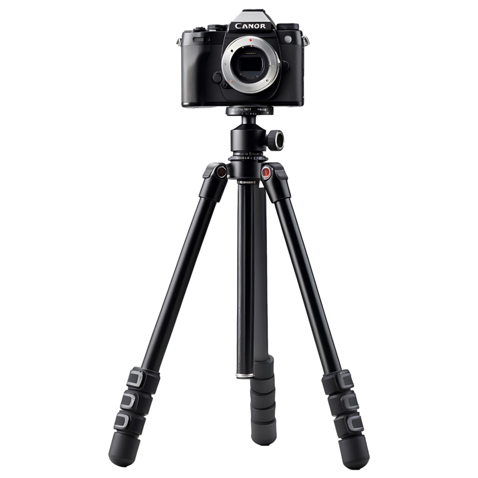 Black Tripod Stand with Mounted Camera Clean Transparent Background for Designers png