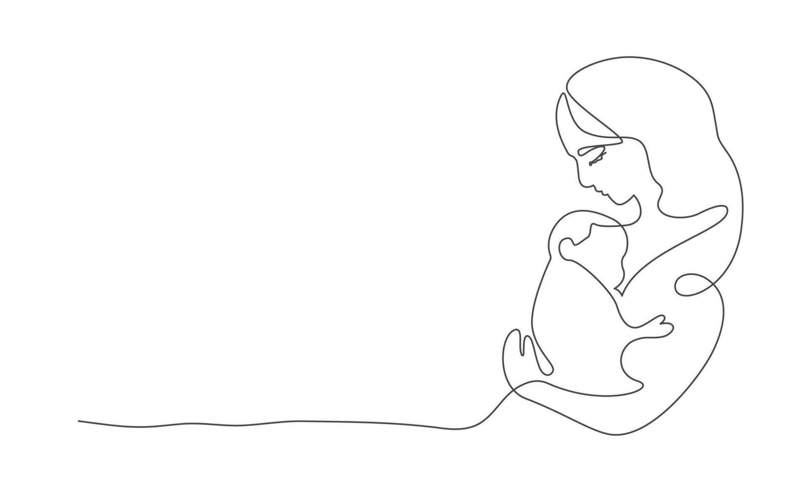 Young Woman holding little baby in arms. Continuous one-line drawing. Mother day concept. illustration vector
