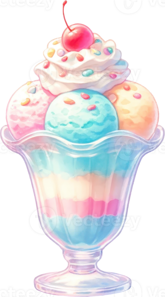 Colorful ice cream sundae with whipped cream and sprinkles png