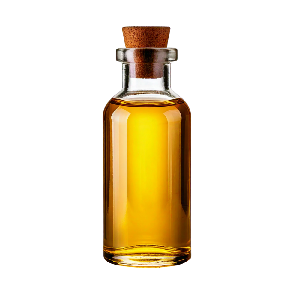 Amber liquid in a glass bottle with a cork stopper png