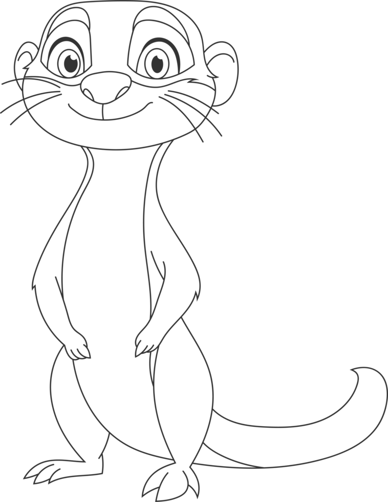 Line art depiction of an upright standing meerkat with a gentle smile. Black and white drawing, showcasing distinct physical features. png