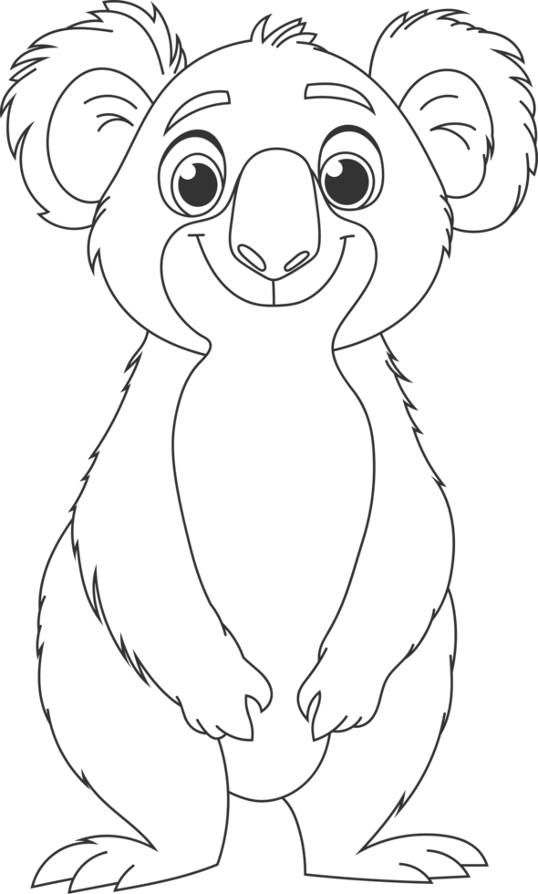 A friendly Koala is standing upright. The koala has big eyes and fluffy ears. The line drawing is simple and cute, easy to color in. png