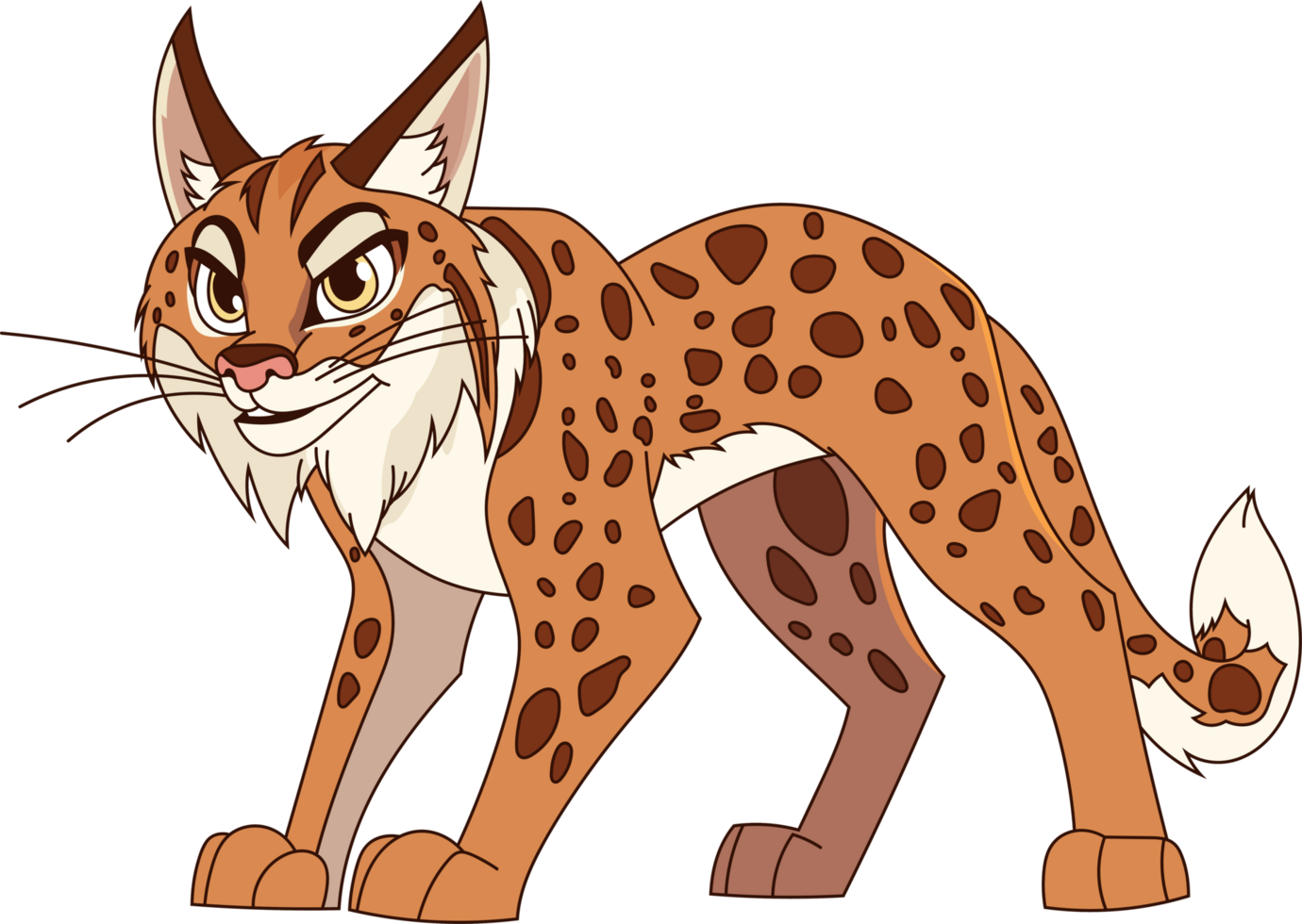 Cartoon lynx with an intense stare, poised in a dynamic pose, showcases unique spot patterns and a fluffy tail against a transparent background. png
