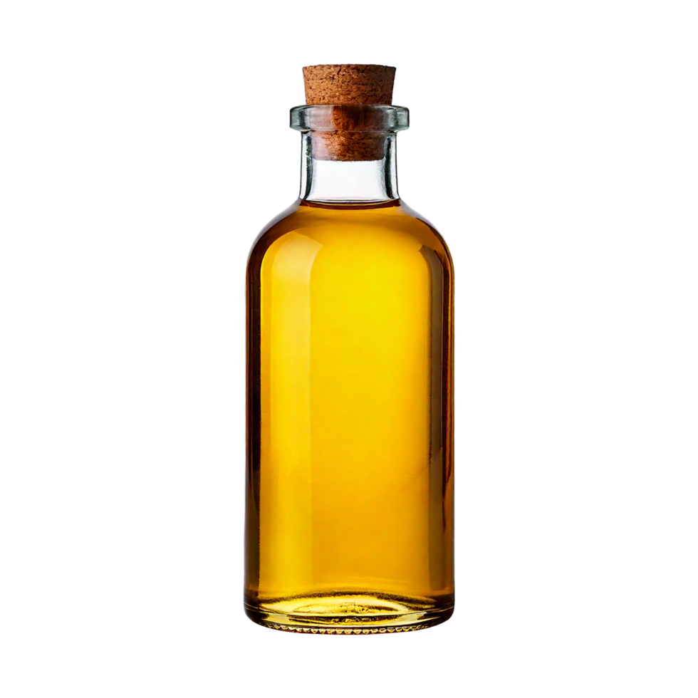 Golden liquid in a glass bottle with a cork stopper png