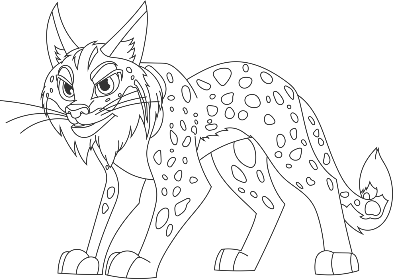 A stylized lynx stands with a determined expression, its spotted coat and prominent whiskers adding to its unique character. png