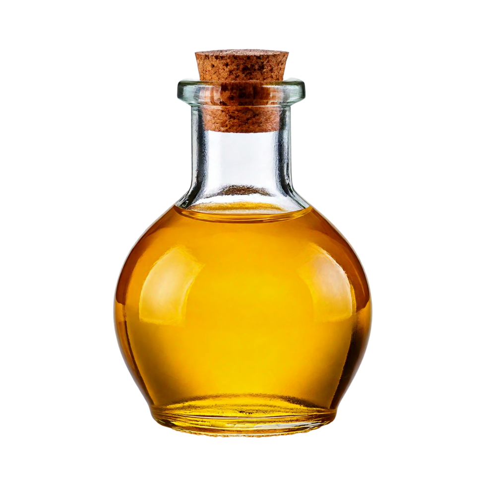 A bottle of yellow liquid with a cork. png